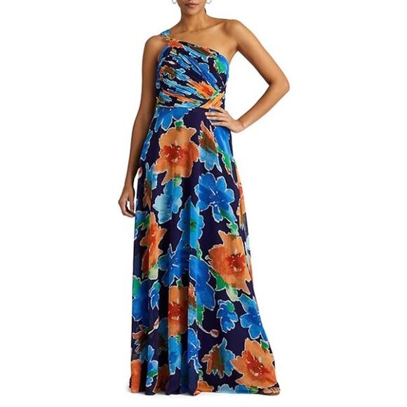 Ralph Lauren Floral Georgette One Shoulder Gown Dress size 16, Blue | NEW $265 - Picture 1 of 5